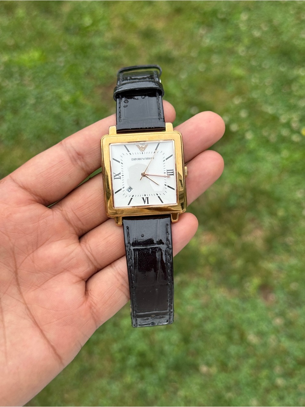 Emporio Armani Classic Gold Square Watch with Black Strap Mens Watch